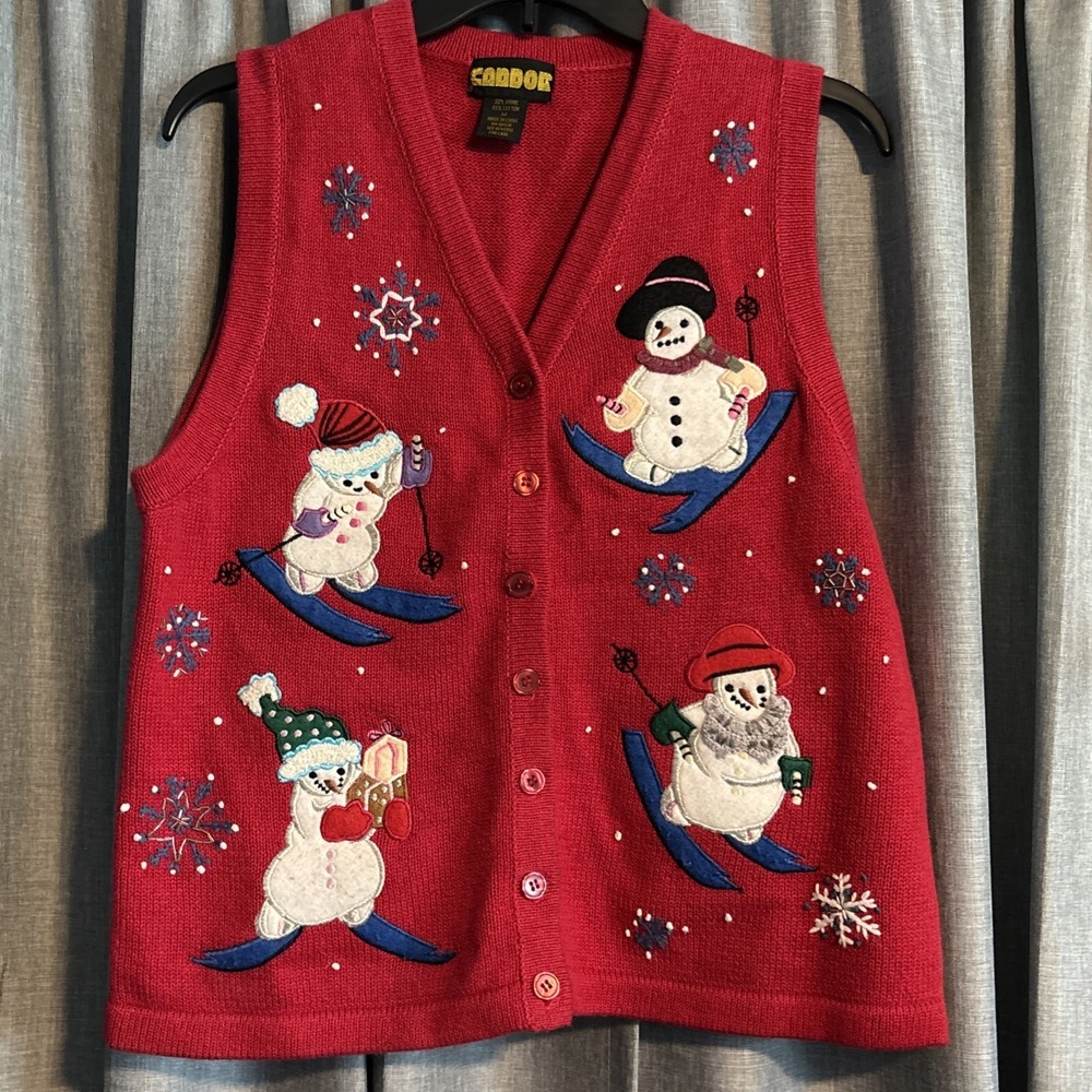 Vintage‎ Red Snowman Ugly Christmas In July Sweater Party Vest M Skis Snowflakes